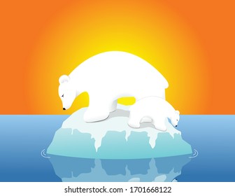 A vector illustration of a sad mother and baby polar bear on a melting iceberg in a warm arctic ocean to represent global warming