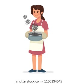 Vector Illustration Of Sad Mother Because Her Cooking Failed, Mother Standing And Holding Burnt Food In Pan