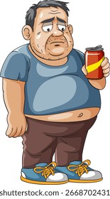 Vector illustration of a sad, overweight man holding a soda can. Features bold colors and a cartoon style