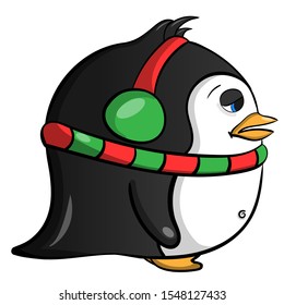 Vector illustration of a sad penguin in a green scarf and warm headphones. Penguin isolated on a white background.