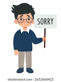 Vector illustration of a sad schoolboy holding a SORRY sign on a stick isolated on white background