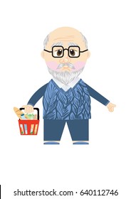 Vector illustration of sad senior man wearing glasses holding shopping basket with products. Concepts and themes of grandfather, retirement, pension, shopping, market basket, social issues