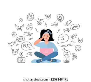 Vector illustration, sad teenage girl. Cyberbullying, trolling. Social network media community technology problems. Flat and line style.