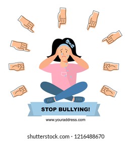Vector illustration, sad teenage girl. Cyberbullying, trolling concept. Social network media community technology problems. Flat style.