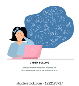 Vector illustration, sad teenage girl. Cyberbullying, trolling concept. Social network media community technology problems. Flat and line style.