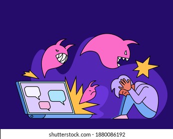 Vector illustration, sad teenager. Cyberbullying, trolling concept. Social network media community technology problems. Digital harms, cyber stalking. Flat and line style.