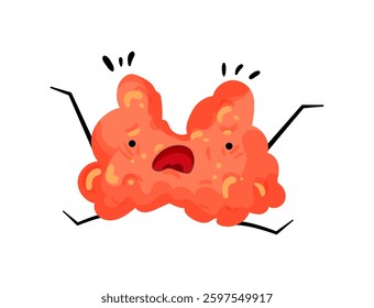 Vector illustration of a sad thyroid character, designed in a cartoon style, with an expressive face and dynamic gestures on a white background.