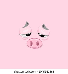 Vector illustration of the sad and tired pig face on pink background.