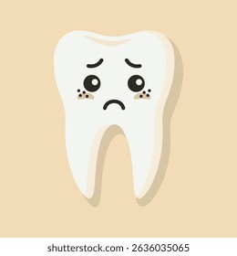 Vector illustration of a sad tooth with kawaii eyes and frown. Flat style. Isolated on a light background. Perfect for dental health campaigns, posters, or children’s clinic materials.