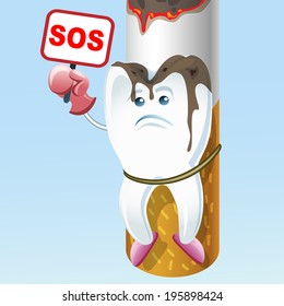 A vector illustration of sad tooth suffering on a cigarette