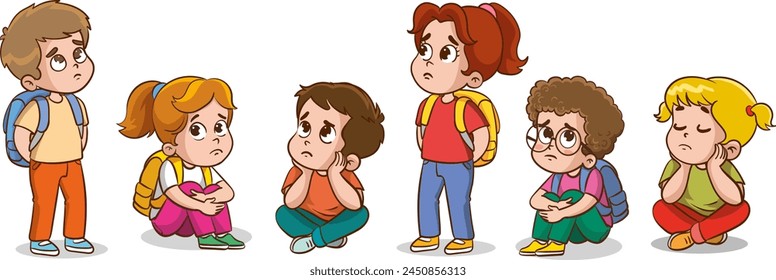 vector illustration of sad and unhappy children