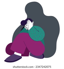 Imagen vectorial de una mujer triste e infeliz cubriendo su cabeza con sus manos y detrás de ella una gran sombra. Concepto de problemas psicológicos, fatiga, miedos, dolor de cabeza