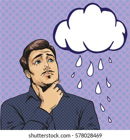 Vector illustration of sad, upset man looking at crying cloud in retro pop art comic style. It is raining. Feelings and emotions concept.