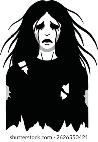 Vector illustration of a sad woman with flowing hair, wearing torn clothes, and tears streaming down her face, depicted in black and white. The mood is somber and dramatic.
