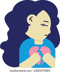 Vector illustration of a sad woman holding a broken heart in her hands, heartbreak and sadness for a breakup or loss.