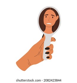 Vector illustration of a sad woman looking in the mirror and seeing pimples on her face. Skin problems.