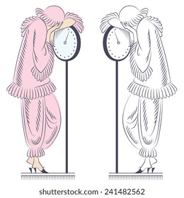 Vector illustration. Sad woman on the floor scales.