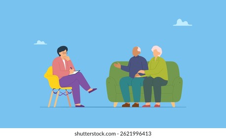 Ilustração vetorial de casal idoso, idoso triste e preocupado tendo uma consulta. Conceito de consulta de psicologia.