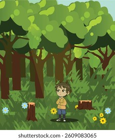 Vector illustration: A sad young boy stands among tree stumps in a deforested area, symbolizing environmental concern and loss. Ideal for awareness campaigns. 