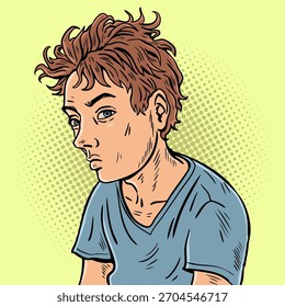 Vektorgrafik eines traurigen jungen Jungen, der mit einem gepunkteten Pop-Art-Hintergrund wegsieht und Einsamkeit, Unsicherheit und emotionales Leid ausdrückt