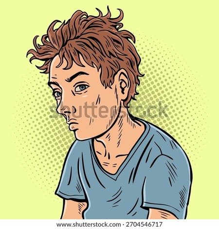 Vector illustration of a sad young boy looking away with a dotted pop art background expressing loneliness, insecurity and emotional distress