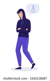 Vector illustration of sad young man thinking about suicide. Depressed guy having suicidal thoughts. Depresson, bipolar disorder sumpthom. Psychology concept. Isolated flat vector illustration