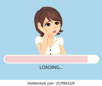 Vector Illustration Of Sad Young Woman Waiting While Loading Bar. Slow Internet Speed Concept Illustration