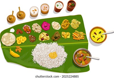 Vector illustration of  Sadhya, south indian vegeterian meal arranged in traditional way.