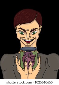 Vector illustration of a sadistic man holding a jar with a heart inside of it.