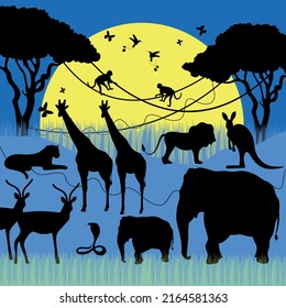 Ilustración vectorial del fondo de los animales de safari y la luz de la luna