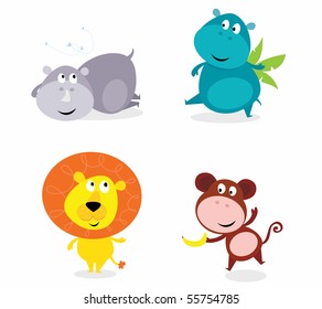 Vector illustration of safari animals isolated on white background: hippo, rhino, lion and monkey.