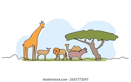 Vector illustration of safari animals. Modern flat in continuous line style.