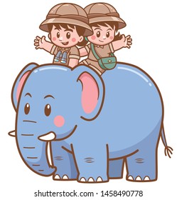 Vector illustration of Safari Boy and girl ride elephant