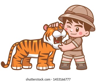 Vector illustration of Safari Boy hugging tiger