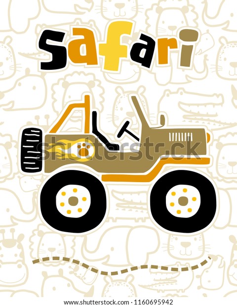vector illustration of safari car cartoon on\
seamless pattern animals\
background
