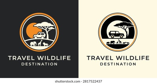 A vector illustration of a safari emblem featuring a vehicle, elephants, and an acacia tree within a circular design, ideal for travel branding.