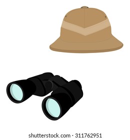 Vector illustration of safari hat and black binoculars. Safari concept. Traveling icons pith helmet and binoculars