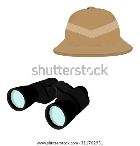Vector illustration of safari hat and black binoculars. Safari concept. Traveling icons pith helmet and binoculars