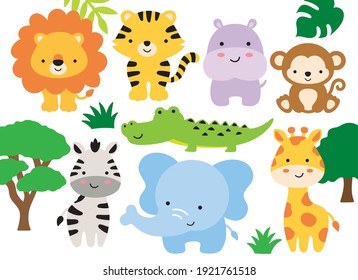 Vector illustration of safari jungle animals including a lion, tiger, hippo, monkey, zebra, crocodile, alligator, elephant, and giraffe.