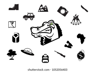 vector illustration - safari set with crocodile,map,camera, fire,backpack,mountains,hat,gun, compass,flask,safari, binoculars, machine, boot