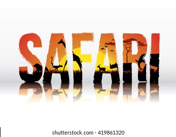 Vector illustration of safari text design on white background. Safari theme