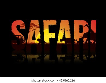 Vector illustration of safari text design on black background. Safari theme