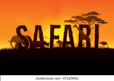 Vector illustration of safari text design on sunset background. Safari theme