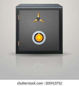 Vector illustration of safe. Black safe with yellow lock. Isolated vector illustration on white background.