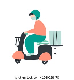 Vector illustration safe delivery service. Courier young man in a protective face mask on a scooter delivers food in a quarantine. Contactless delivery to protect from coronavirus