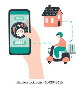 Vector illustration safe delivery service with house. Courier young man on scooter. Order online delivery. Hand holding phone. Contactless delivery to protect from coronavirus