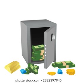 Ilustración vectorial de una caja fuerte con dinero, monedas y joyas