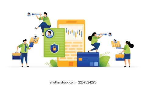 Vector illustration of safe and secure investment in mobile apps. Manage your finances. User protection on mobile data. Secure future investments with tech. Can use for ad, poster, campaign, website