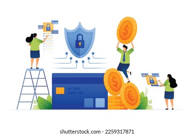 Vector illustration of safe and secure on credit card security. Secure transactions with protection in network system. Guarding your financial future. Can use for ad, poster, campaign, website, apps