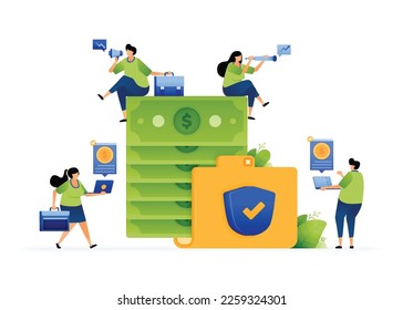 Vector illustration of safe and secure on protecting customer financial data in banking. Banking data encryption protection on safe transactions. Can use for ad, poster, campaign, website, apps